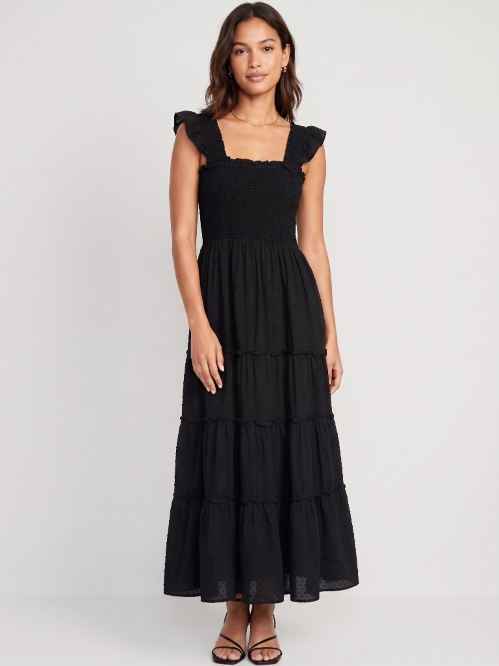 CAARA Black Swiss Dot Smocked Tiered Ruffle Strap Midi Dress Size M